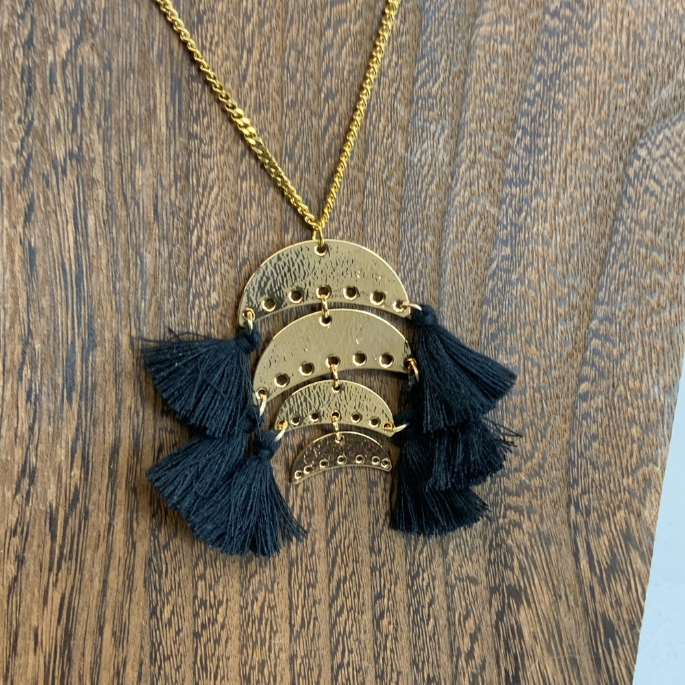Kinsley Armelle Gold Disk Necklace with Black Tassels